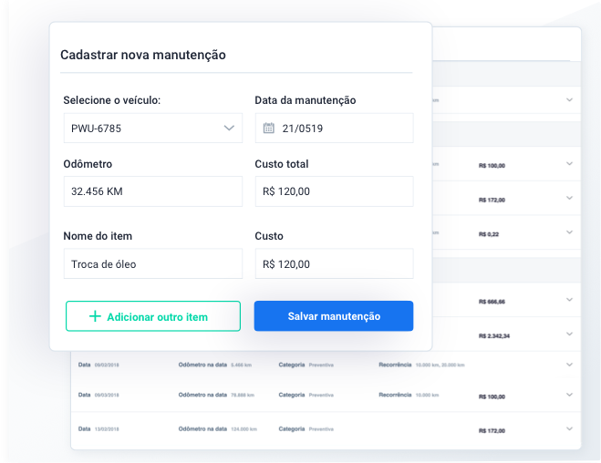 Painel da Cobli mostrando o cadastro de uma nova manutenção de um veículo